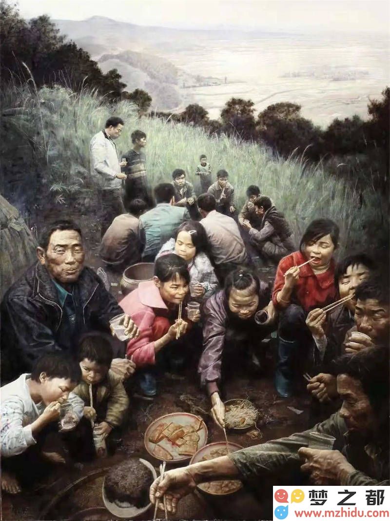 春日山水盛宴，清明佳节时光——细致解析陆兵油画《春山清明宴》的艺术魅力与意境