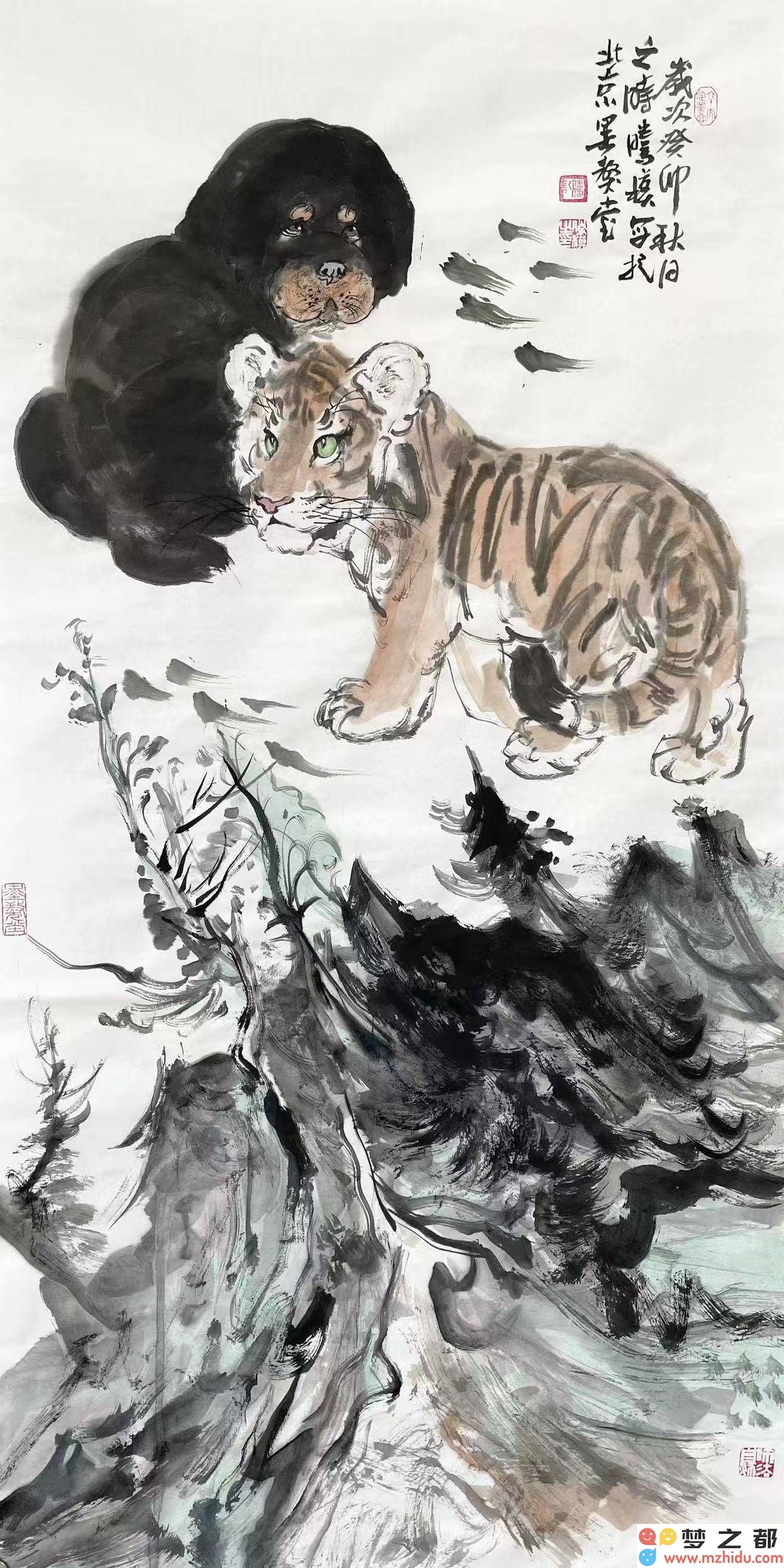 藏獒与老虎共舞的壮丽图景：赵光所绘旺福图展现自然的和谐美与生命的昂扬气息