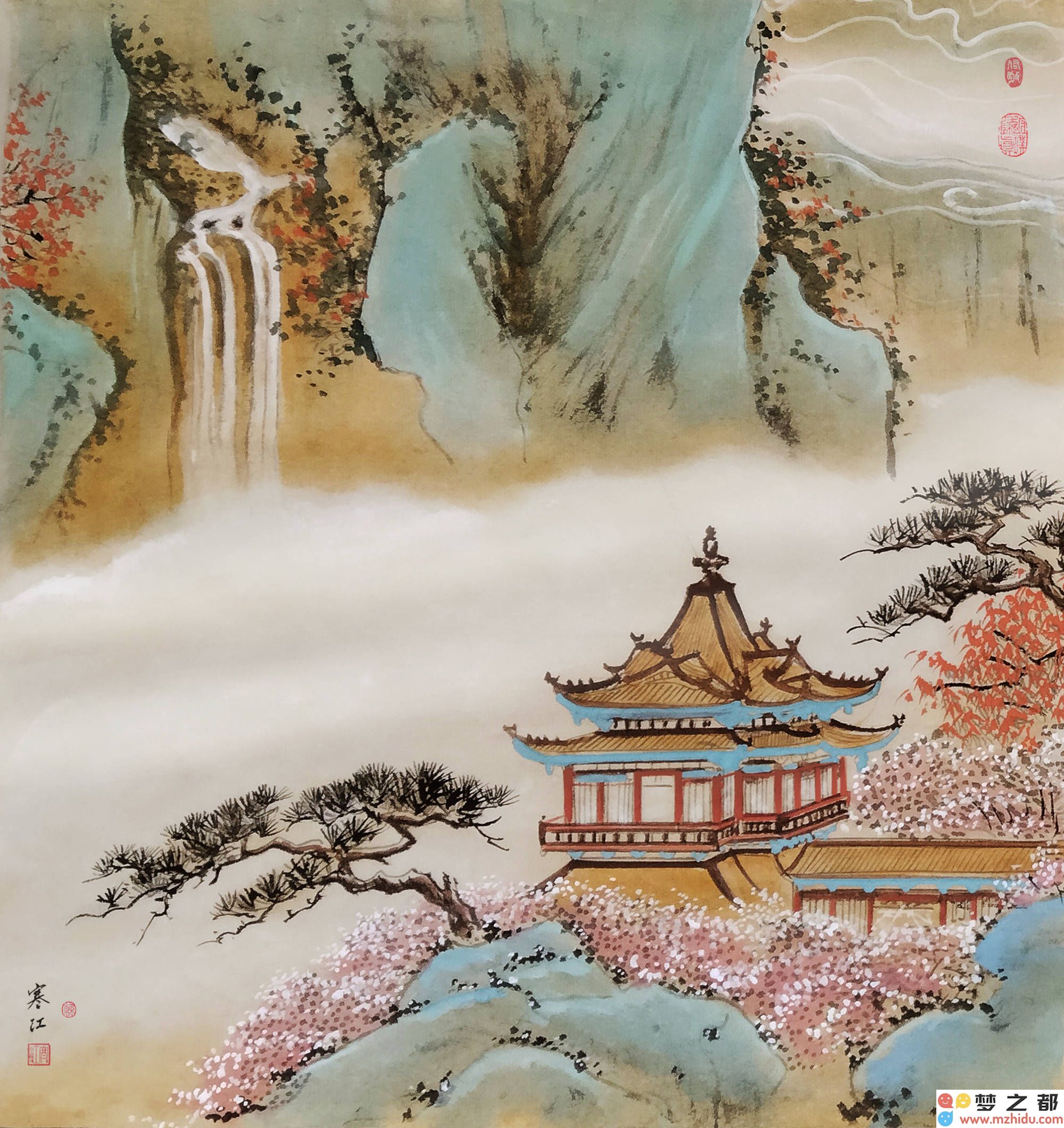 仿牟雪松《观瀑图》