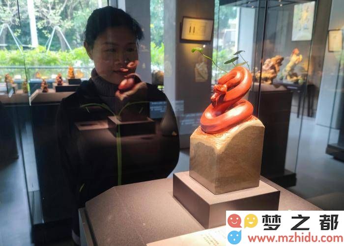 福州“灵蛇舞春”寿山石雕艺术展吸引大量市民游客前来观赏体验