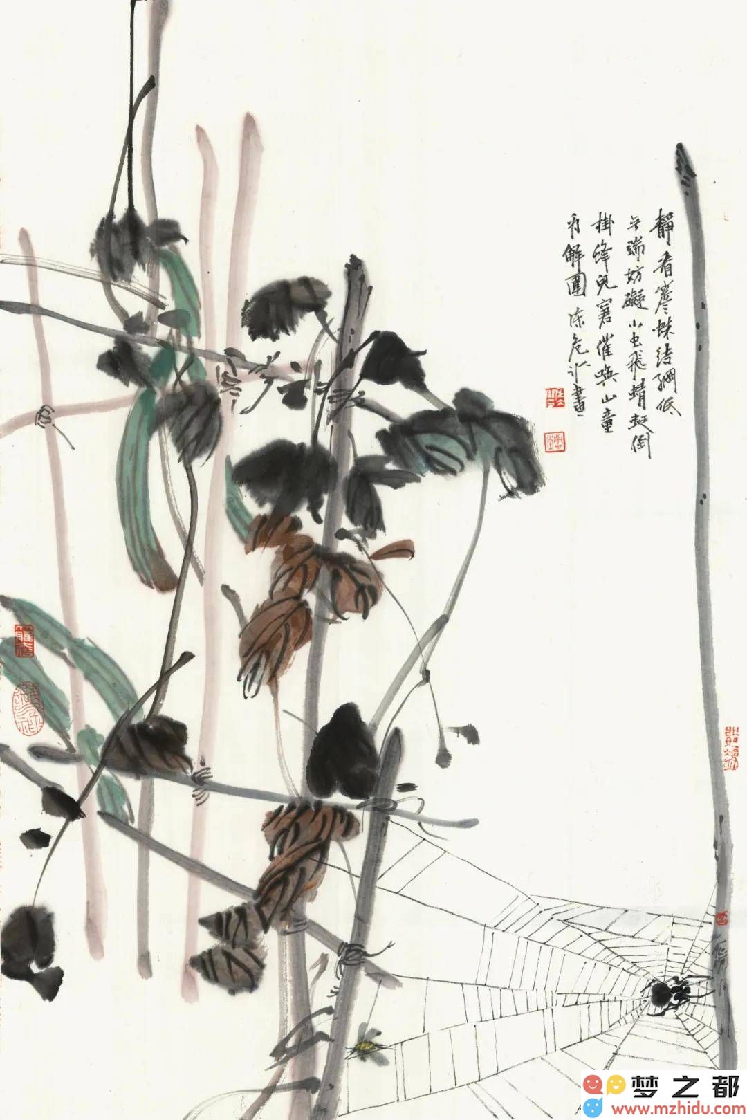 陈危冰作品《静观檐下蛛丝织网之美》：融合诗书画艺术，细腻展现四季田园风光的韵味