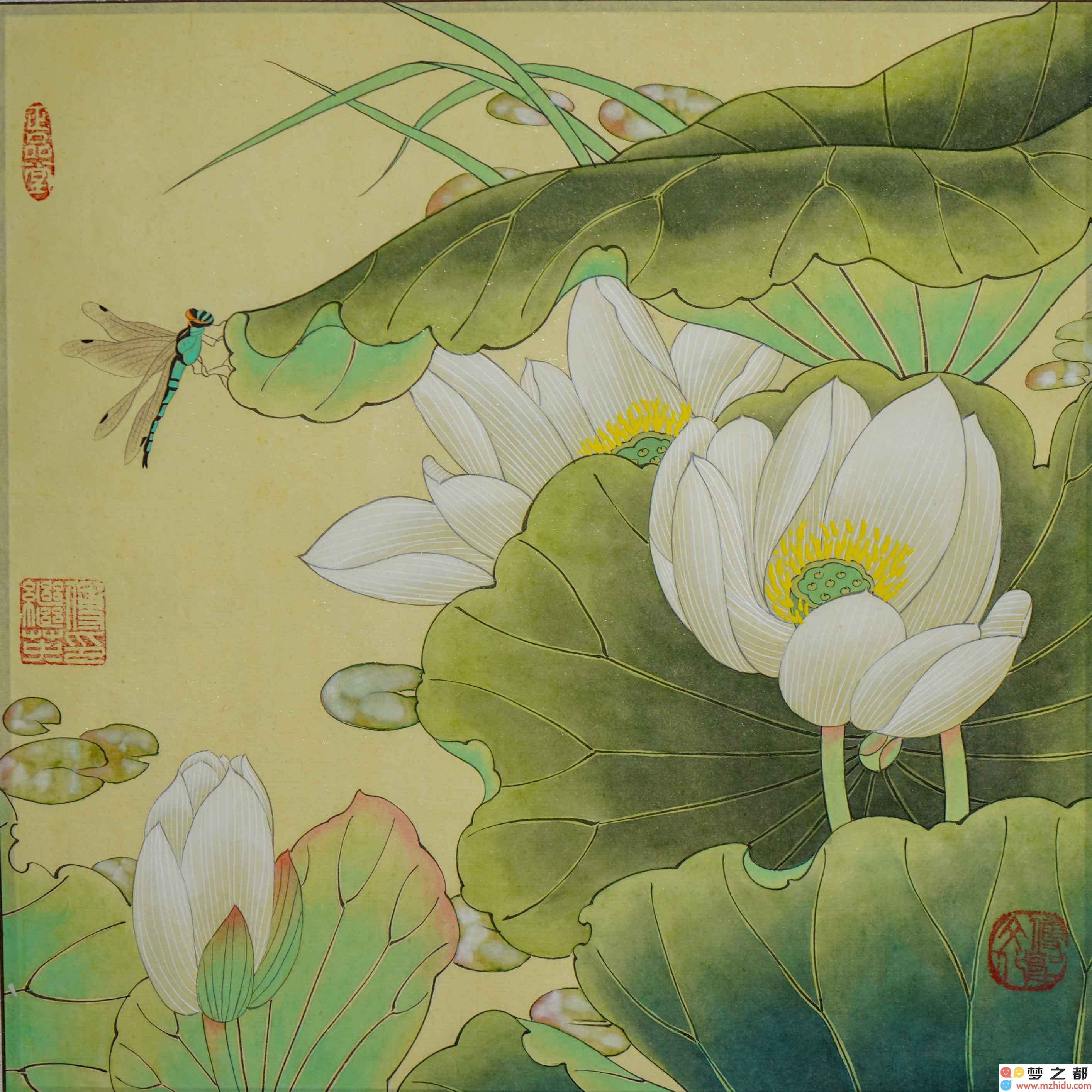 傅继英的《荷花图》：细致入微的工笔呈现出荷韵与蜻蜓，完美捕捉自然和谐美的奇妙瞬间