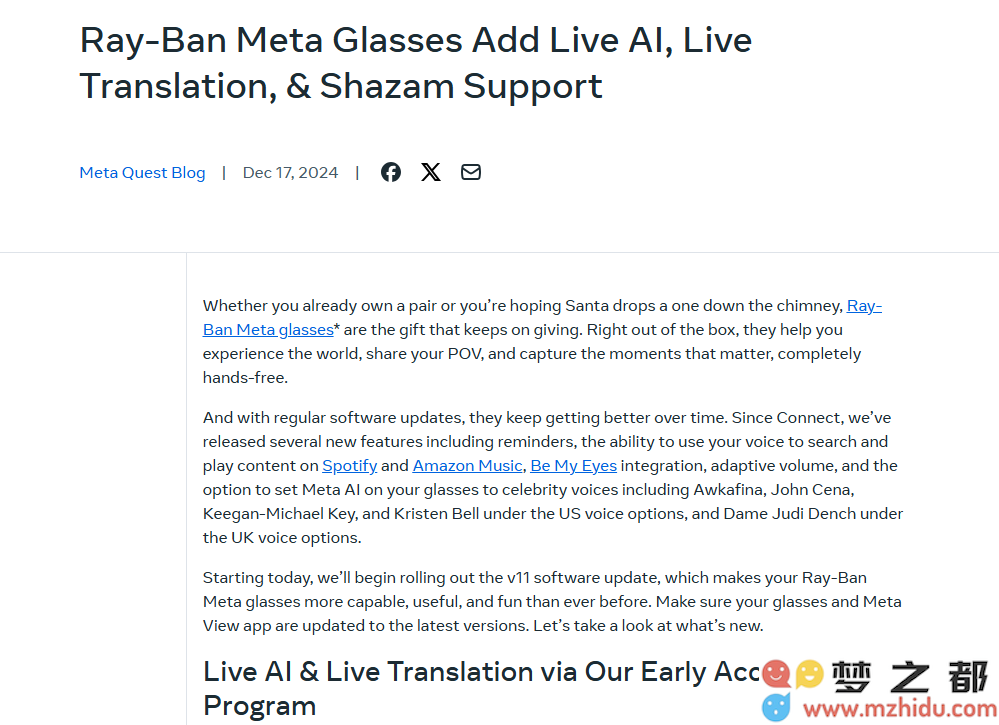Meta推出升级版Ray-Ban智能眼镜：新增实时AI视频与翻译服务，提升用户体验