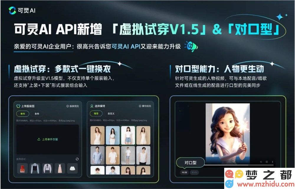 可灵AI API全面开放口型同步功能，全新虚拟试穿升级至V1.5版本，打造更真实的用户体验