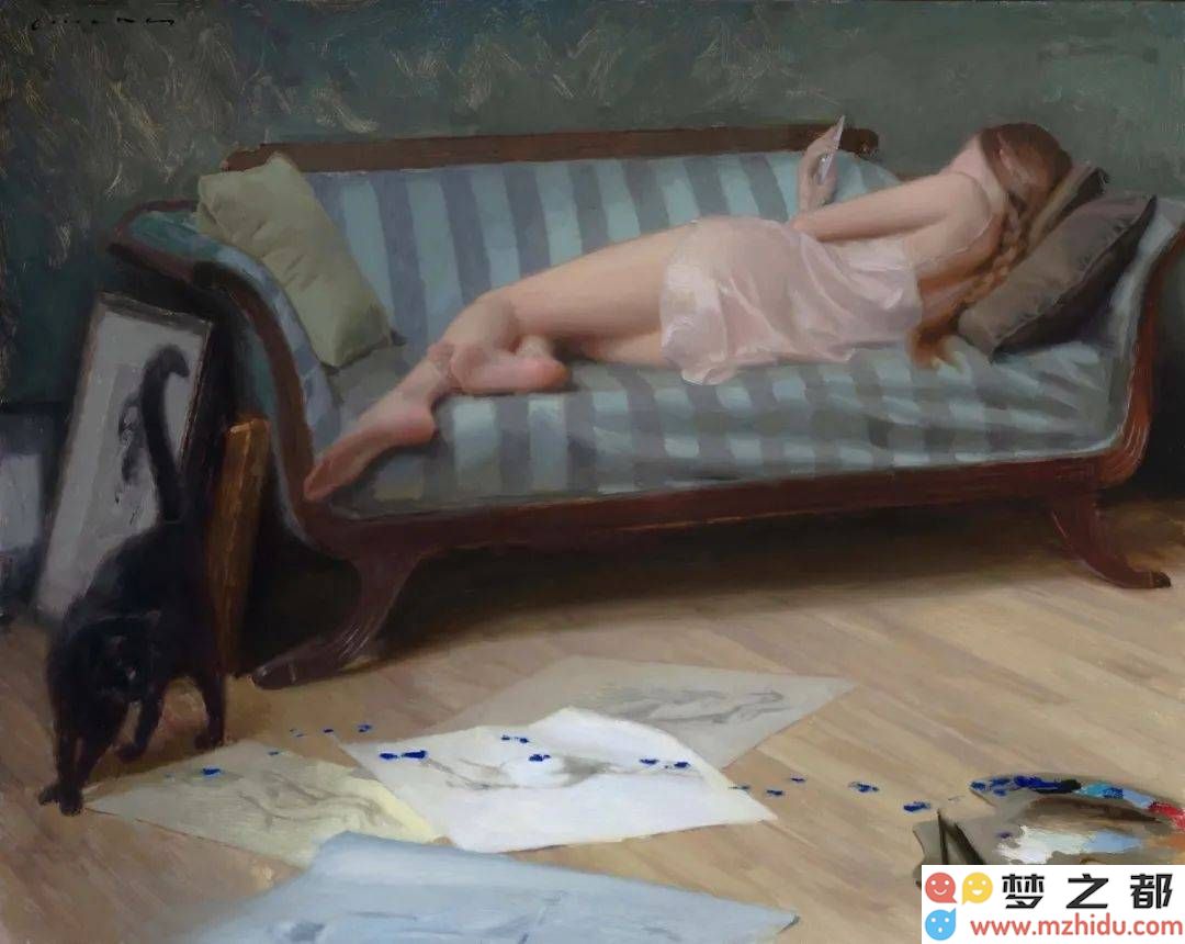 数字化时代的静谧时刻：油画作品《沉浸于手机的少女》引发观众的深刻反思