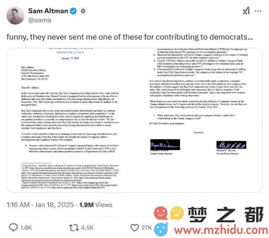 参议院发信给 Sam Altman，OpenAI 正面临监管调查的重大挑战
